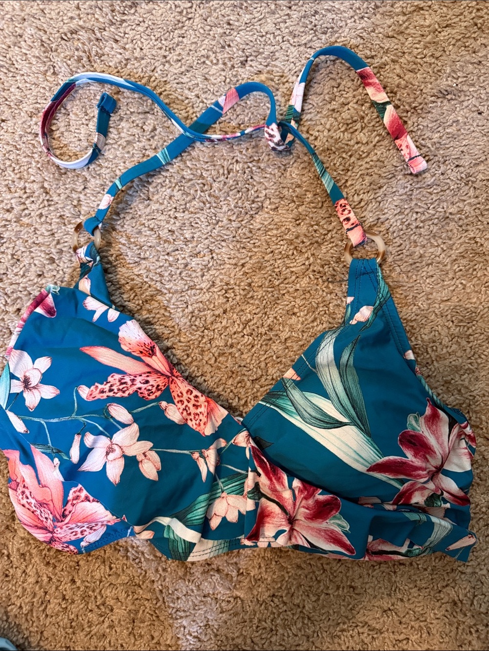 La Blanca Teal Floral Halter Bikini Top with Pink Accents